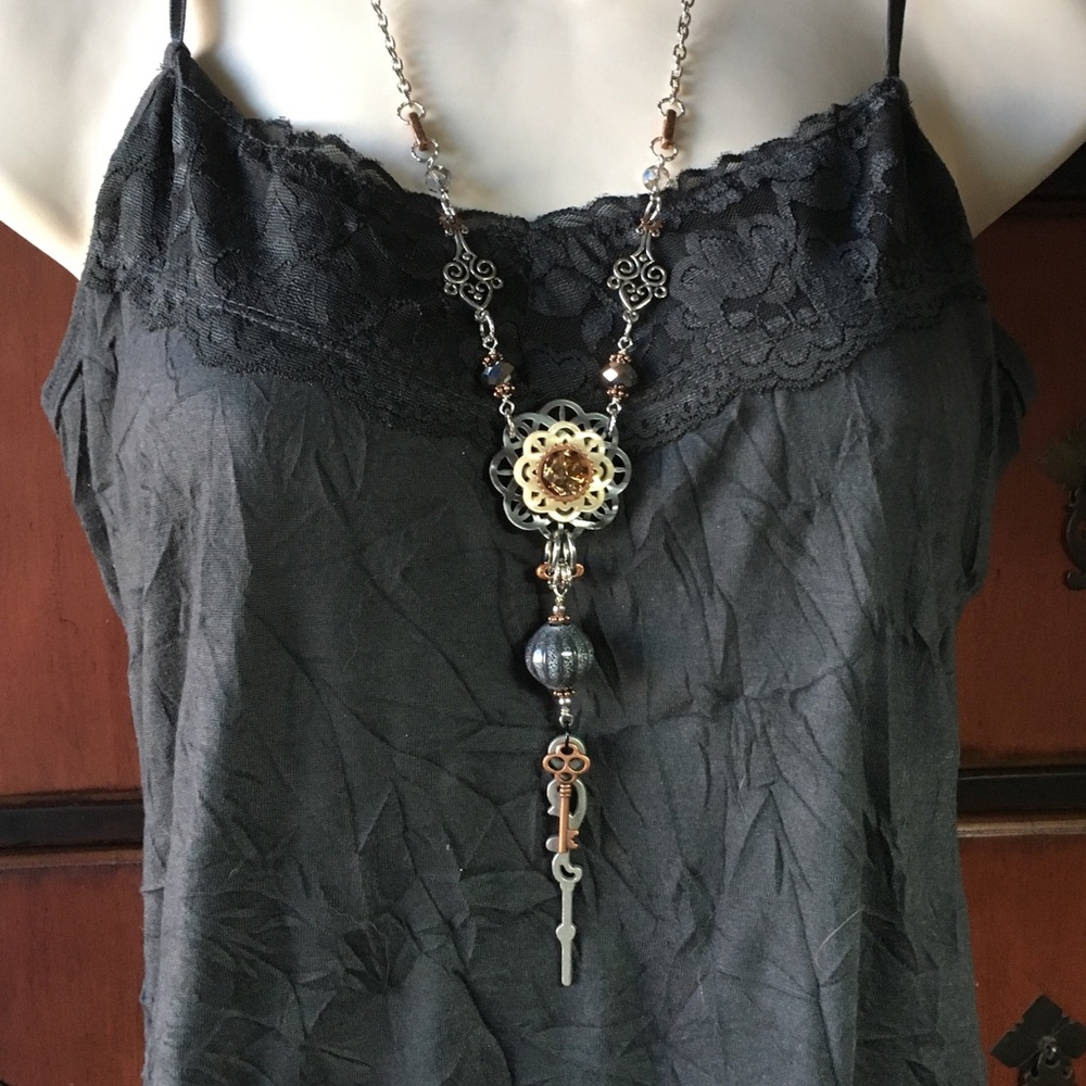 Button Steampunk Y Necklace, Grey and Cream
